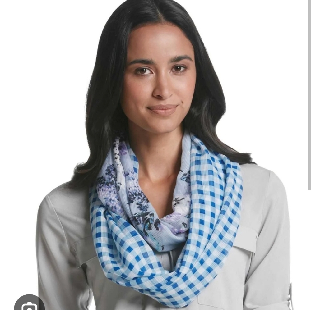 NWT Cejon Gingham Checkered Floral Embroidered Chiffon Infinity Scarf 33×28